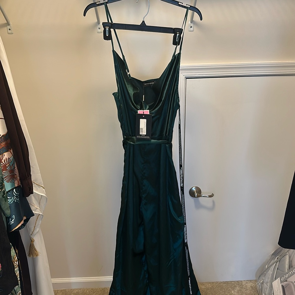 NWT. Pretty little thing green satin romper. Size 12
